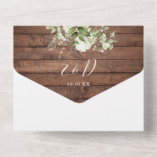 Rustikale Barnholz-Grüne Blumenzwiese All In One Einladung (Rückseite)