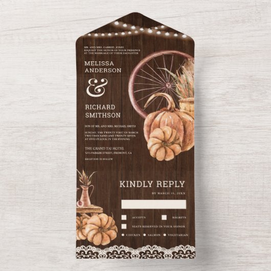 Rustikale Barnholz Herbst Boho Pumpkin Hochzeit All In One Einladung (Innen Boden)