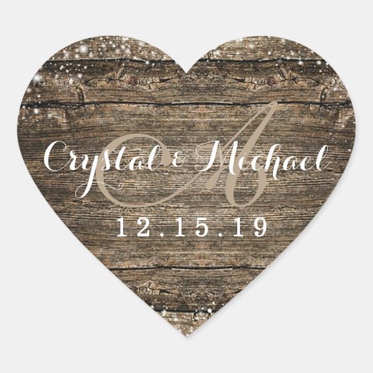 Rustikale Barnholz-Schneeflocken Winterhochzeit Herz-Aufkleber (Vorderseite)