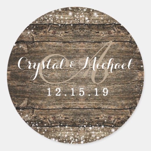 Rustikale Barnholz-Schneeflocken Winterhochzeit Runder Aufkleber (Vorderseite)