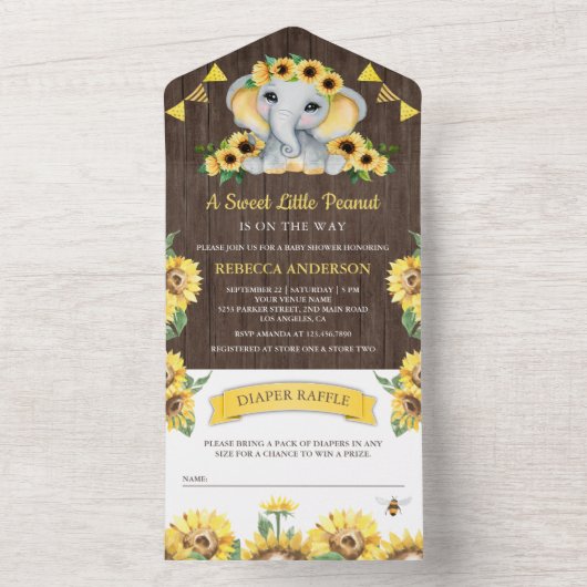 Rustikale Barnholz-Sonnenblumen Elephant Baby-Dusc All In One Einladung (Innen Boden)