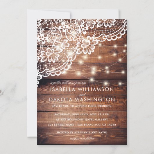 Rustikale Barnholz-Spitzen- & Streichellichter Hoc Einladung (Vorderseite)