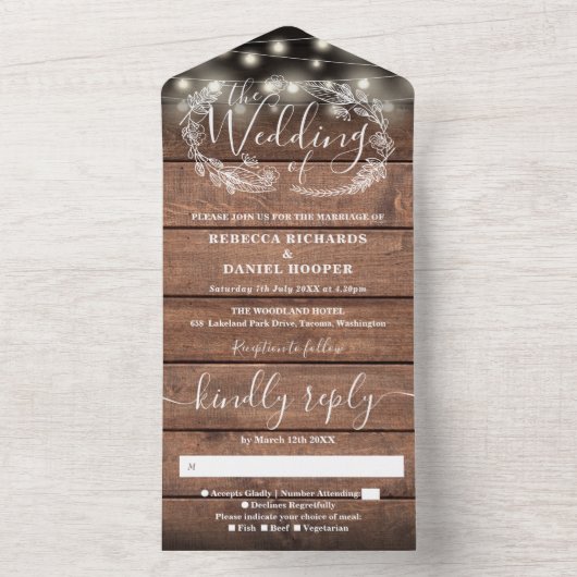 Rustikale Barnholz-Streichellichter florale Hochze All In One Einladung (Innen Boden)