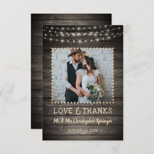Rustikale Barnholz-String-Lichter Hochzeit Vielen Dankeskarte (Vorne/Hinten)