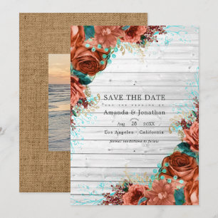 Rustikale Barnkoralle und Aquamarine Blumenhochzei Save The Date