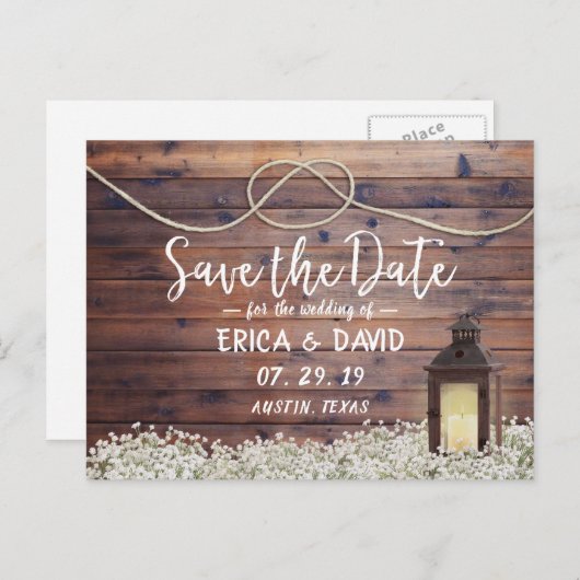 Rustikale BarnLaterne, die den Knoten Save the Dat Ankündigungspostkarte (Vorne/Hinten)