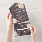 Rustikale Barnwood Floral Peach Cream Gold Wedding All In One Einladung (Abreißen)