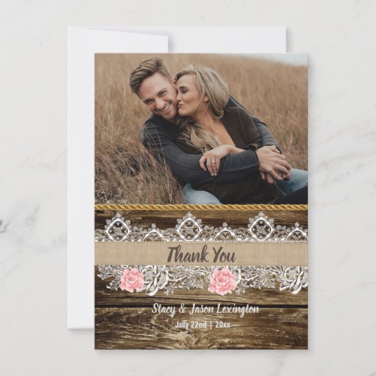Rustikale Barnwood & Lace Wedding Dankeskarte (Vorderseite)
