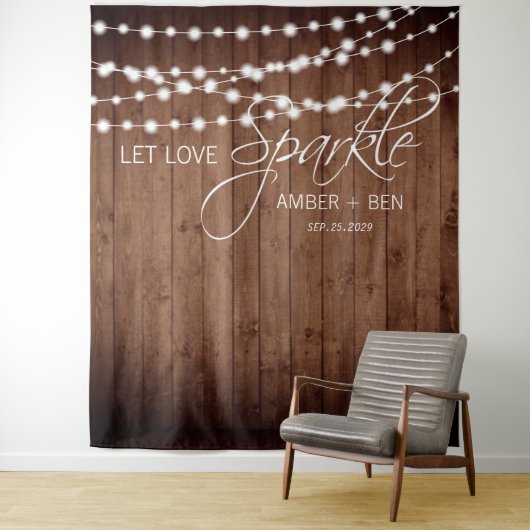 Rustikale Barnwood String Lights Custom Wedding Wandteppich (Beispiel)