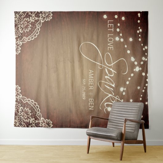 Rustikale Barnwood String Lights Spitze Custom Wed Wandteppich (Beispiel (Horizontal))