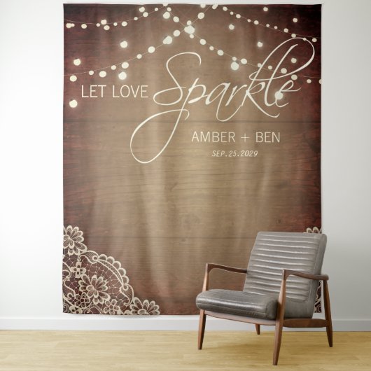 Rustikale Barnwood String Lights Spitze Custom Wed Wandteppich (Beispiel)