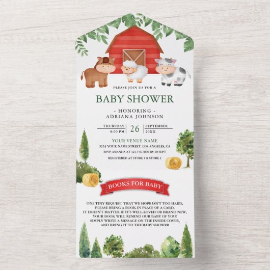 Rustikale Barnyard Niedlich Farm Animals Baby Dusc All In One Einladung (Innen Boden)