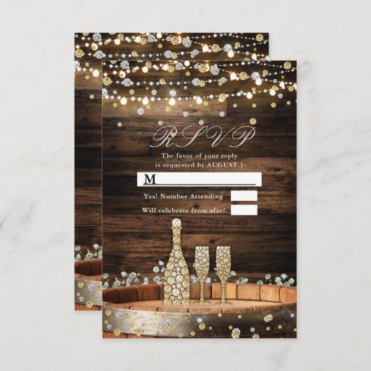 Rustikale Barrel Champagne Lights Hochzeit RSVP An Einladung (Vorne/Hinten)