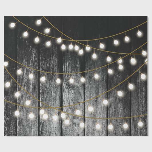Rustikale Barschschwarz Holz Gold String Lights Geschenkpapier (Flach)
