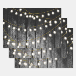 Rustikale Barschschwarz Holz Gold String Lights Geschenkpapier Set