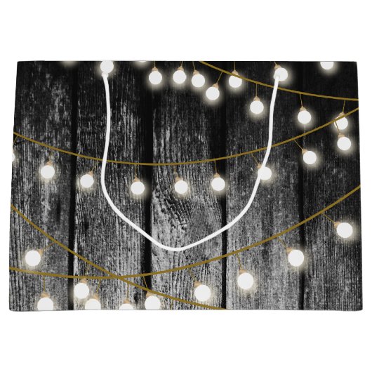 Rustikale Barschschwarz Holz Gold String Lights Große Geschenktüte (Vorderseite)