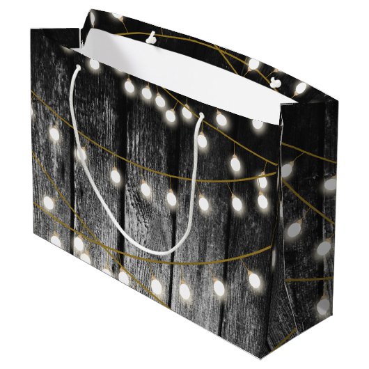 Rustikale Barschschwarz Holz Gold String Lights Große Geschenktüte (Rückseite Schrägansicht)