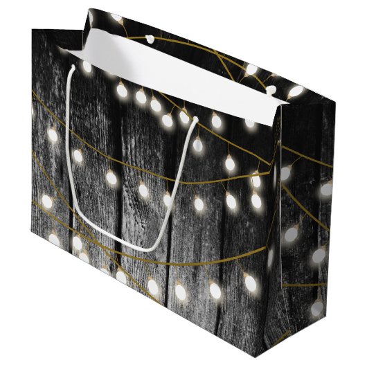 Rustikale Barschschwarz Holz Gold String Lights Große Geschenktüte (Vorderseite Schrägansicht)