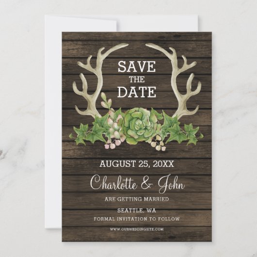 Rustikale Bartholz-Sukkulente Antler Save the Date Ankündigung (Vorderseite)