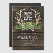 Rustikale Bartholz-Sukkulente Antler Save the Date Magnetkarte (Vorne/Hinten)