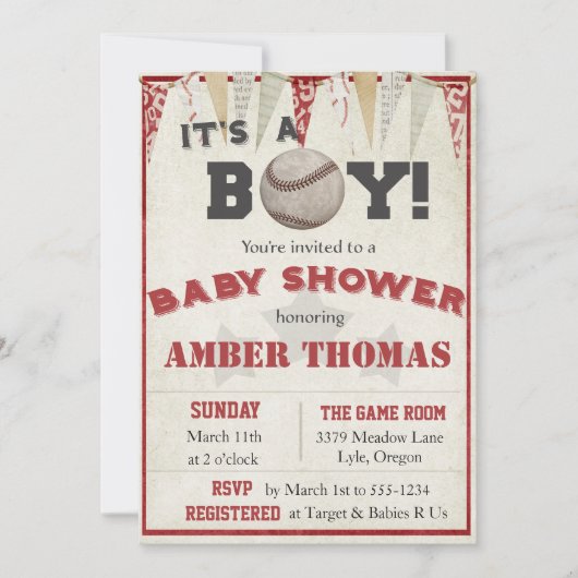 Rustikale Baseball Baby-Dusche Einladung (Vorderseite)