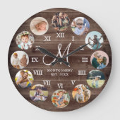 Rustikale Bauernfamilie Foto Collage Monogram Große Wanduhr (Vorderseite)