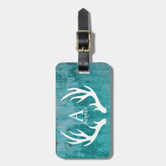 Rustikale Bauernhaus-Geweihe u. aquamarines Gepäckanhänger (Vorderseite vertikal)