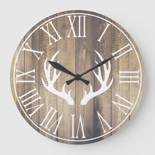 Rustikale Bauernhäuser Imitate Stall Wood & Antler Große Wanduhr (Vorderseite)