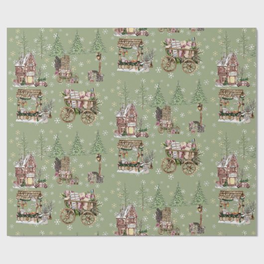 Rustikale Bauernhäuser Stil Salbei grüne Schneebäu Geschenkpapier (Flach)