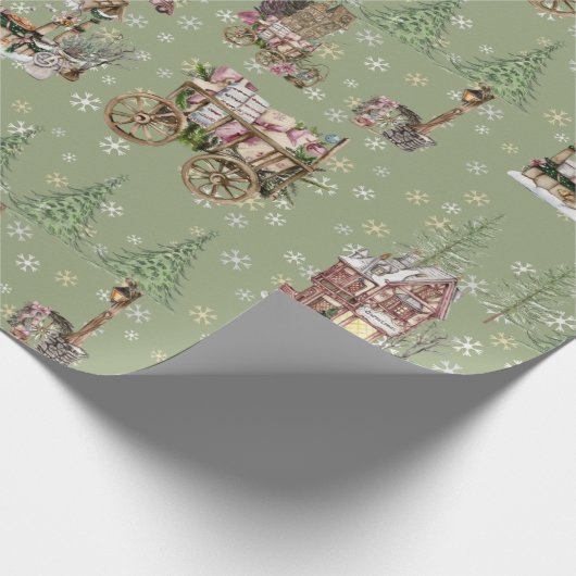 Rustikale Bauernhäuser Stil Salbei grüne Schneebäu Geschenkpapier (Ecke)