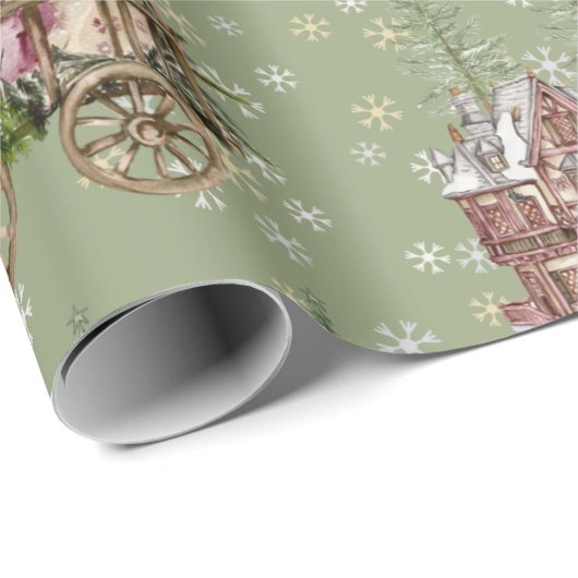 Rustikale Bauernhäuser Stil Salbei grüne Schneebäu Geschenkpapier (Rolleneckpunkt)