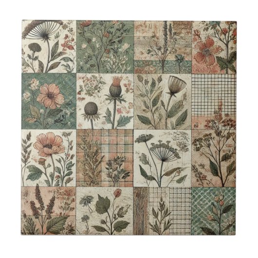 Rustikale Bauernstube Grüne Patchwork Quille Flora Fliese (Vorderseite)