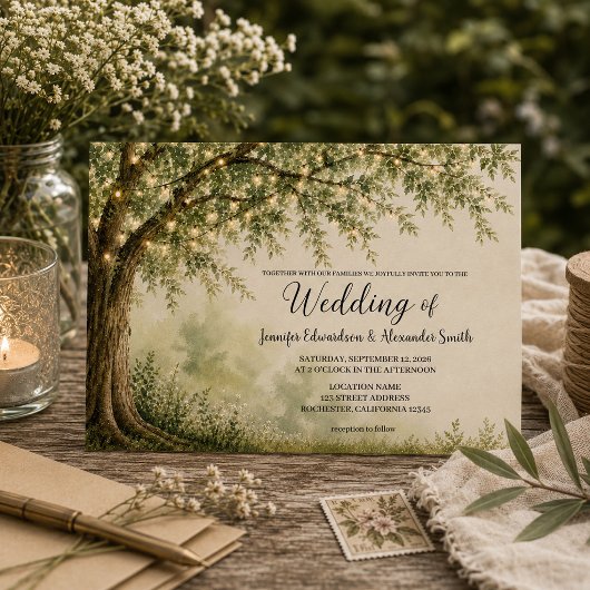 Rustikale Baum-Lichterkette Landhochzeit Einladung