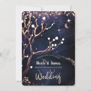 Rustikale Baum-Lichterkette Lila Hochzeit Einladung