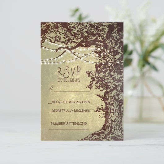 Rustikale Baum- und Streichellichter Hochzeit RSVP (Stehend Vorderseite)