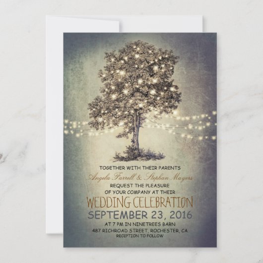 Rustikale Baum- und Streichellichter Hochzeitseinl Einladung (Vorderseite)