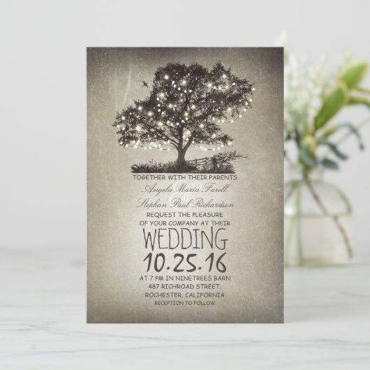 Rustikale Baum- und Streichellichter Hochzeitseinl Einladung (Stehend Vorderseite)
