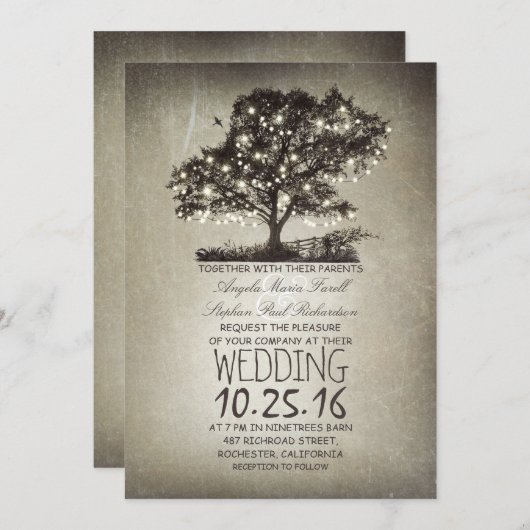 Rustikale Baum- und Streichellichter Hochzeitseinl Einladung (Vorne/Hinten)