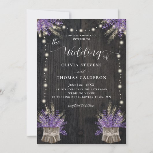 Rustikale Bäume Bark Lavender Weizen Lichter Hochz Einladung (Vorderseite)