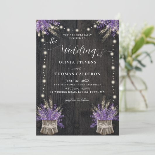 Rustikale Bäume Bark Lavender Weizen Lichter Hochz Einladung (Stehend Vorderseite)