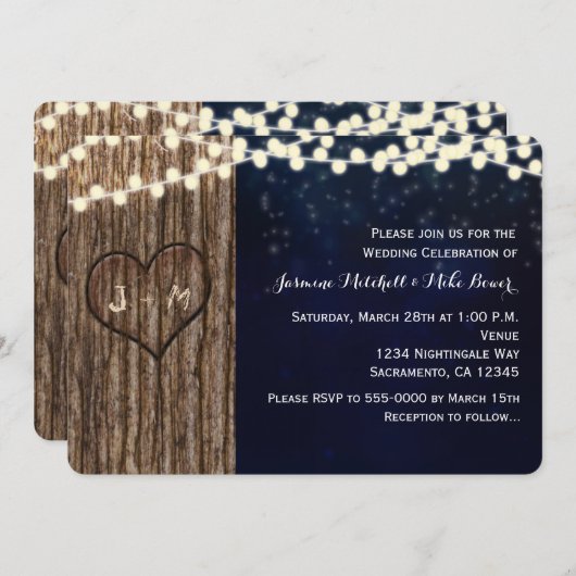 Rustikale Bäume gepflasterte Herzennacht Hochzeit Einladung (Vorne/Hinten)