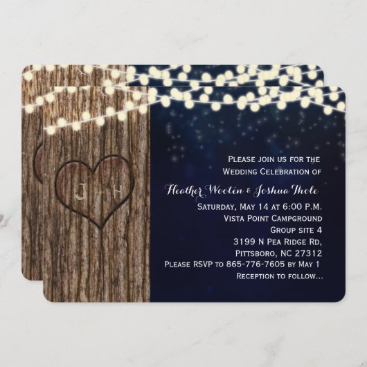 Rustikale Bäume gepflasterte Herzennacht Hochzeit Einladung (Vorne/Hinten)