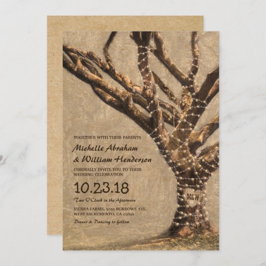 Rustikale Bäume Hochzeit mit String Lights Einladung (Vorne/Hinten)