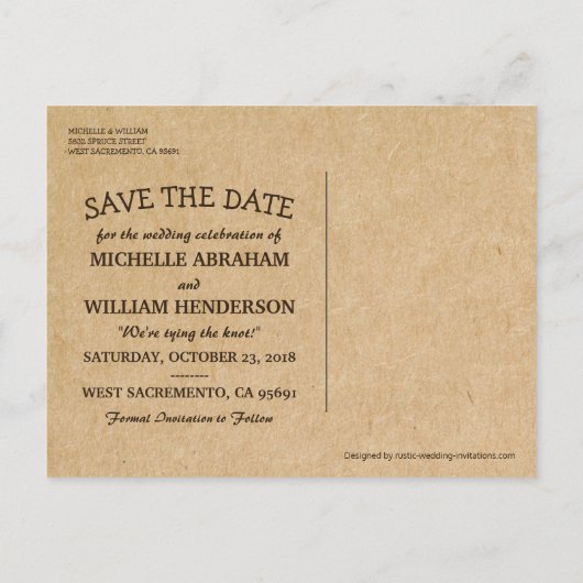 Rustikale Bäume Hochzeit speichern das Datum Ankündigungspostkarte (Rückseite)