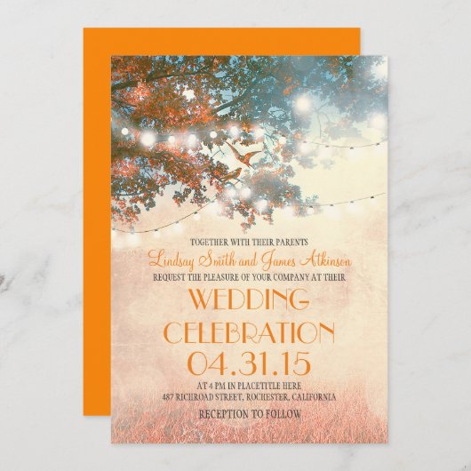 Rustikale Bäume & Liebesvögel Streichellichter Hoc Einladung (Vorne/Hinten)