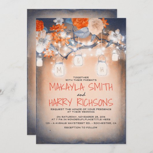 Rustikale Bäume und Lichter Mason Jars Hochzeit im Einladung (Vorne/Hinten)