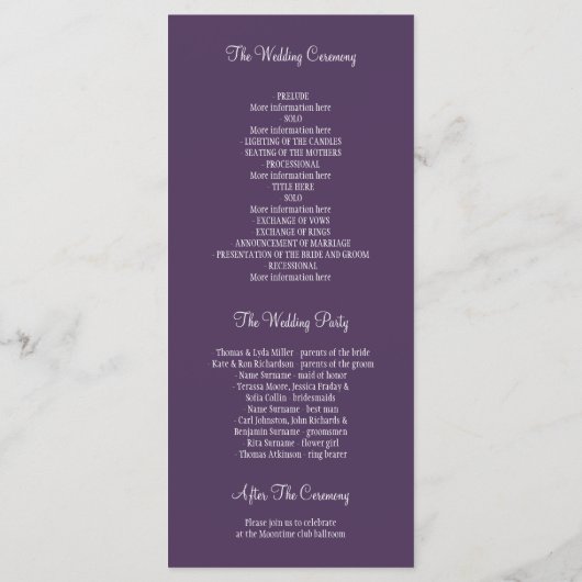 Rustikale Bäume und Liebesvögel lila Hochzeitsprog Programm (Rückseite)