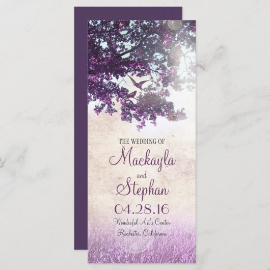 Rustikale Bäume und Liebesvögel lila Hochzeitsprog Programm (Vorne/Hinten)