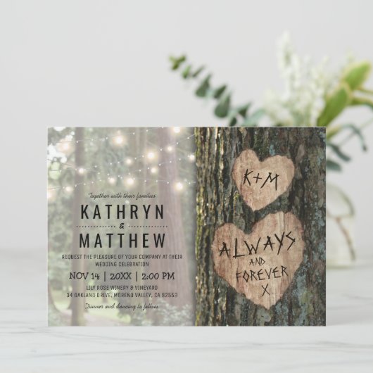 Rustikale Baumhochzeit | Country Twinkle Lights Einladung (Stehend Vorderseite)