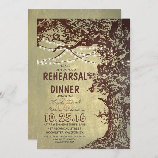 Rustikale Baumreihenleuchten Probe Dinner Einladung (Vorne/Hinten)